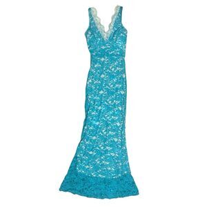Vintage Blue Sequin Lace Y2K Glam Coastal Coquette McBling Babydoll Maxi Dress S